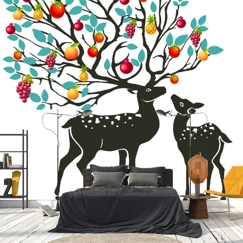 Full Size Decorative Wallpaper Mural Red-Yellow-Blue Sika Deer with Fruit Tree Antler Wall Covering, Custom Print