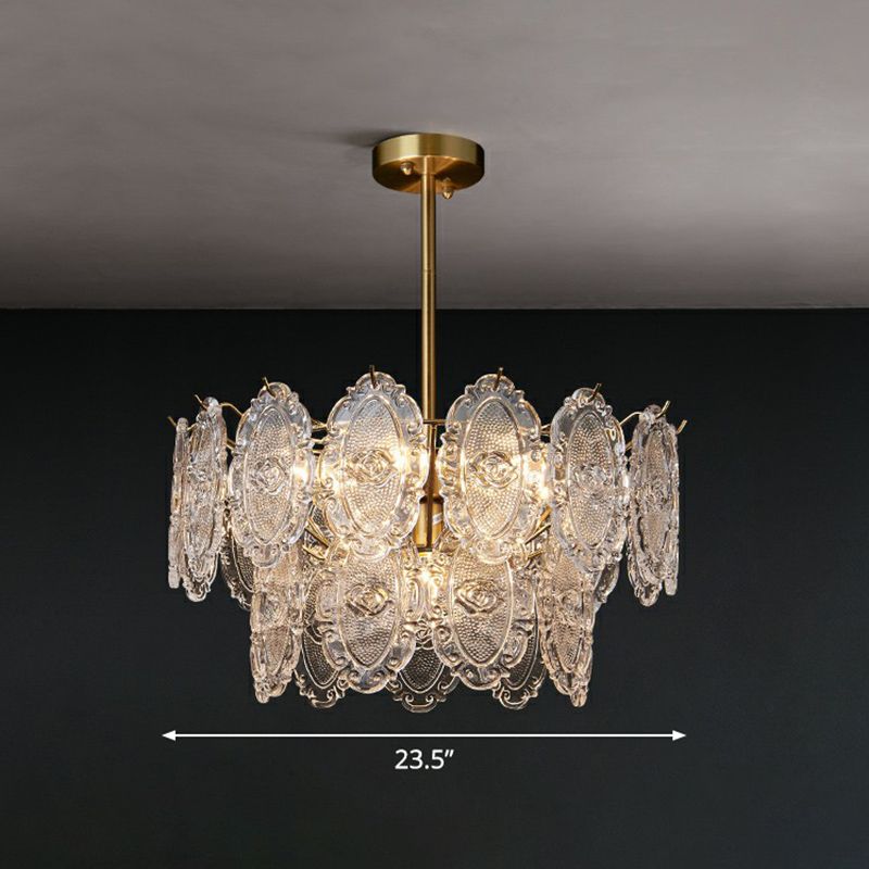 Carved Glass Tiered Pendant Lighting Postmodern Gold Finish Chandelier for Dining Room
