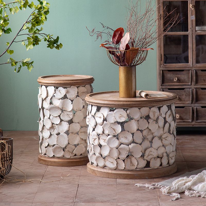 Drum Shape Accent Side Table Wood and Metal Rustic Style Corner Table
