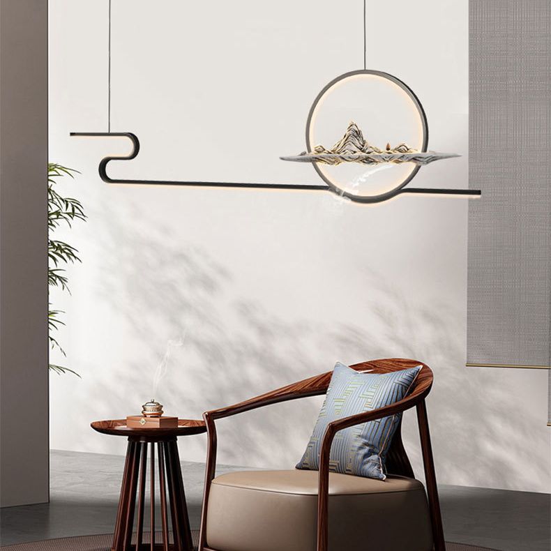 Chinese Minimalist Style Linear Island Pendant Lighting LED Metal Island Ceiling Light for Living Room