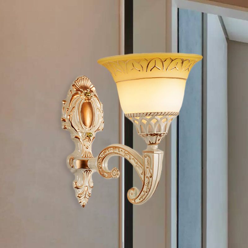 Curved Arm Metal Wall Lamp Vintage 1/2-Head Living Room Sconce with Flared Beige Glass Shade