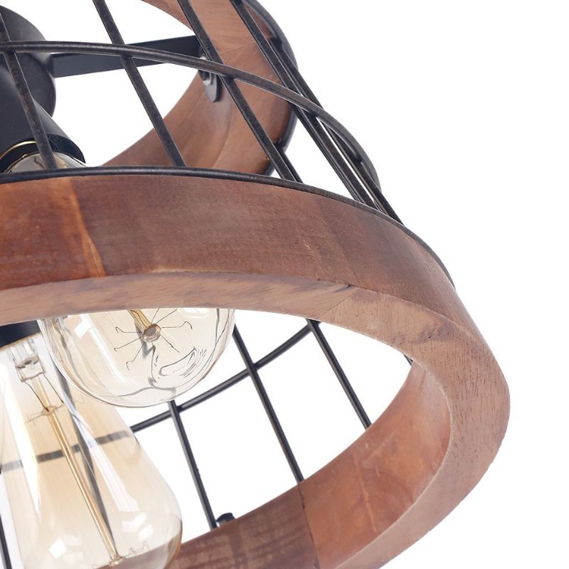 3 Lights Drum Ceiling Pendant Vintage Wood Metal Chandelier Lighting with Cage