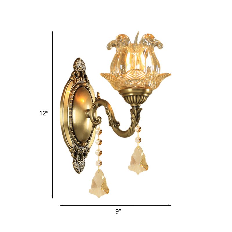 Traditional Semi-Open Flower Sconce 1/2-Light Clear Glass Wall Mount Lighting in Brass