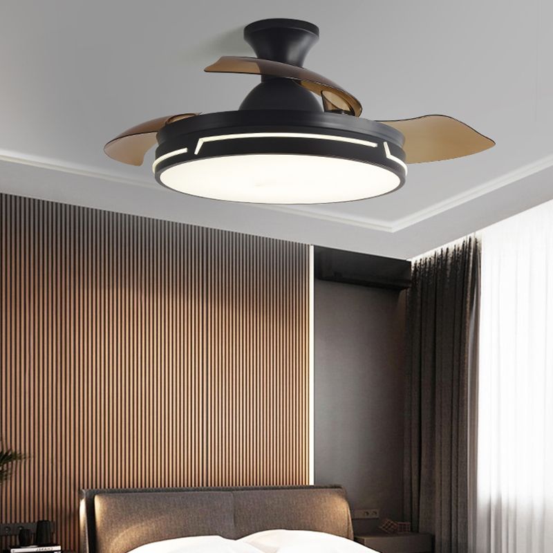 Nordic Drum Shade Fan Lamp Living Room LED Semi Flush Light with 3 Invisible Blades