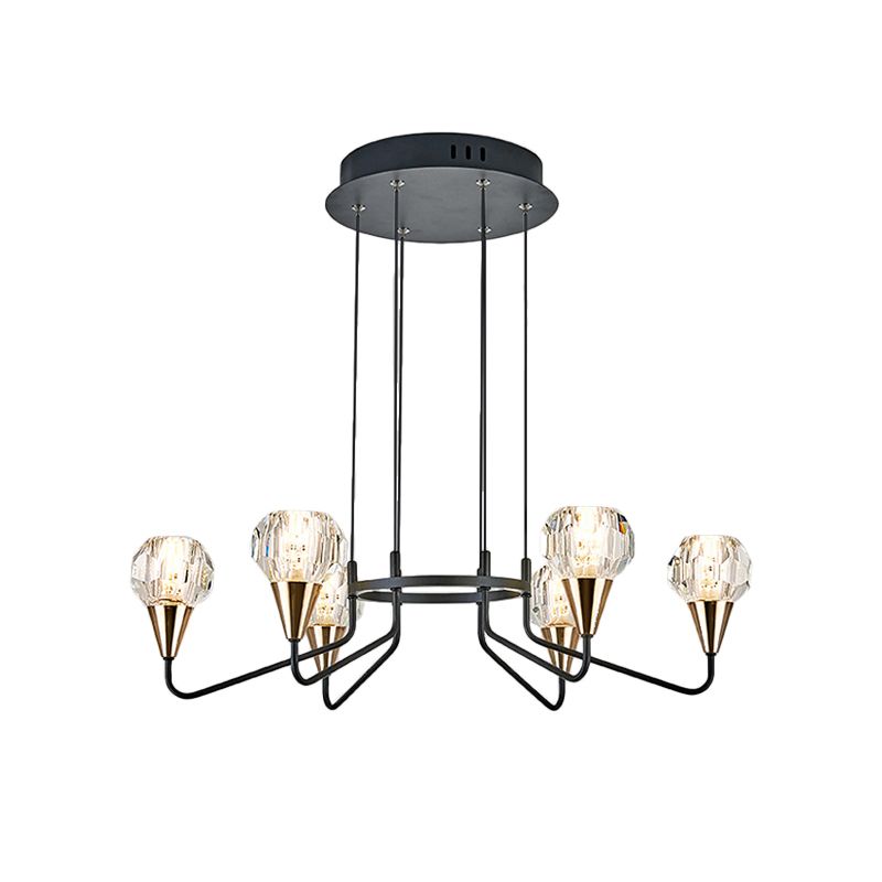 6/8 Glühbirnen Wohnzimmer Suspension Licht Minimalismus Schwarzer Kronleuchter mit runden Facettenkristallschatten
