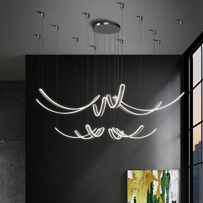 Curved LED Chandelier Minimalist Metal Living Room Villa Hanging Light in Black