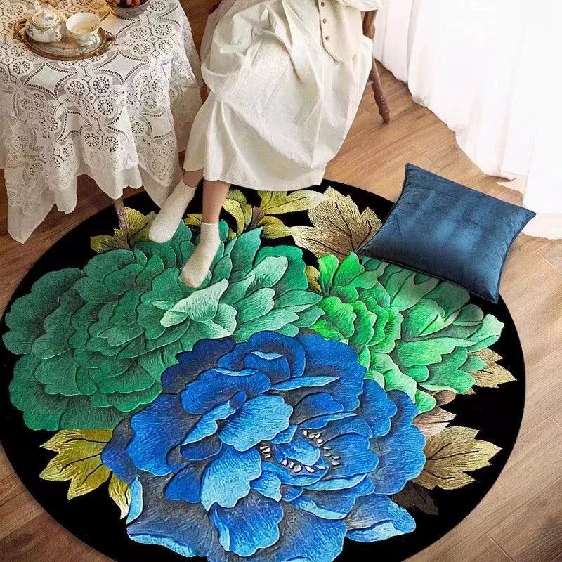 Round Floral Print Rug Casual Polyester Carpet Stain Resistant Area Carpet for Living Room