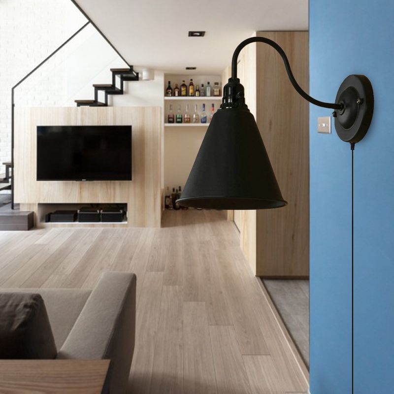 1 Light Tapered Wall Sconce with Plug-In Cord Industrial Black Metallic Sconce Light for Front Door
