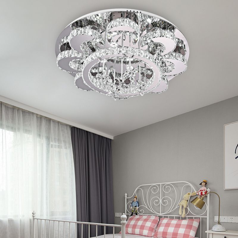 Plafonnier LED encastré de style moderne en cristal de type floral, éclairage encastré en chrome pour le salon, 23,5"/31,5" de large