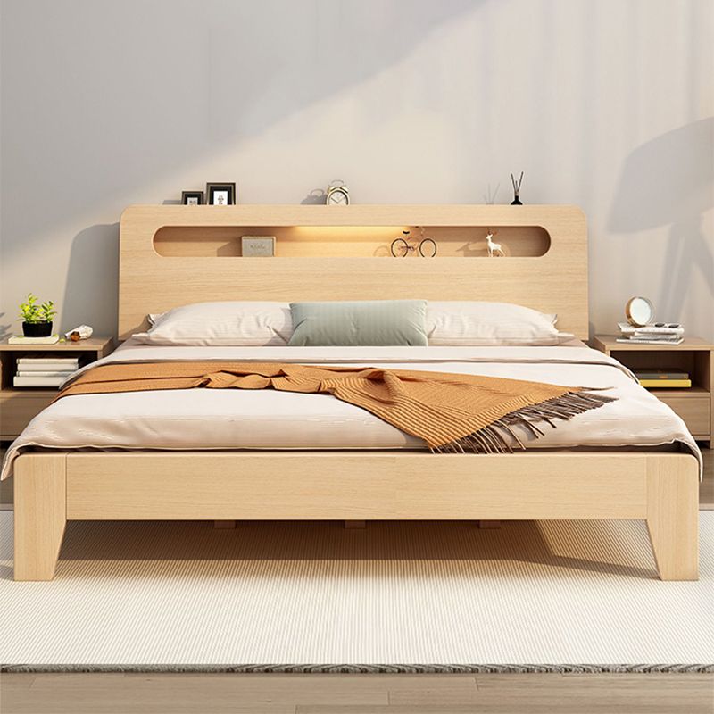 Solid Wood Beveled Standard Bed Storage Headboard Bed with Shelves