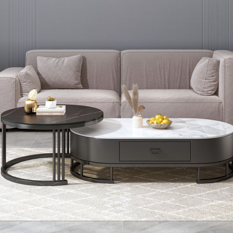 Glam Coffee Table Oval Nesting Nesting Coffee Table with Drawer Slate Cocktail Table