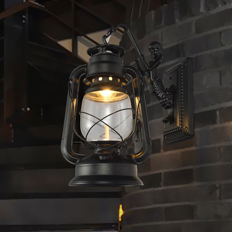 Lantern Shaped Iron Wall Light Retro Style 1-Light Corridor Kerosene Lighting Fixture
