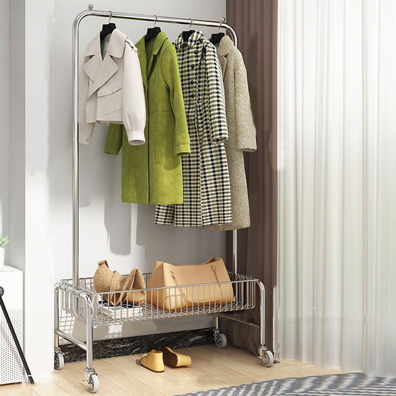 Industrial Metal Coat Rack Hanging Rail and Storage Basket Entryway Kit with Castors
