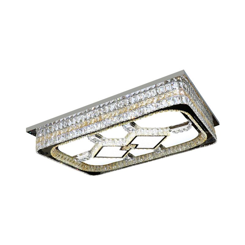 Rectangular Parlor Ceiling Lamp Modern Clear Crystal Blocks Stainless-Steel LED Flush Light Fixture