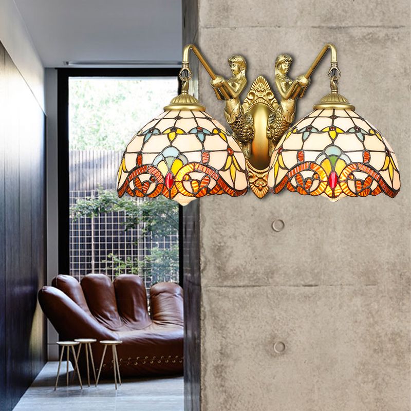 Brass Dome Wall Mount Light Baroque 2 Heads Beige Glass Sconce Light with Mermaid Decoration