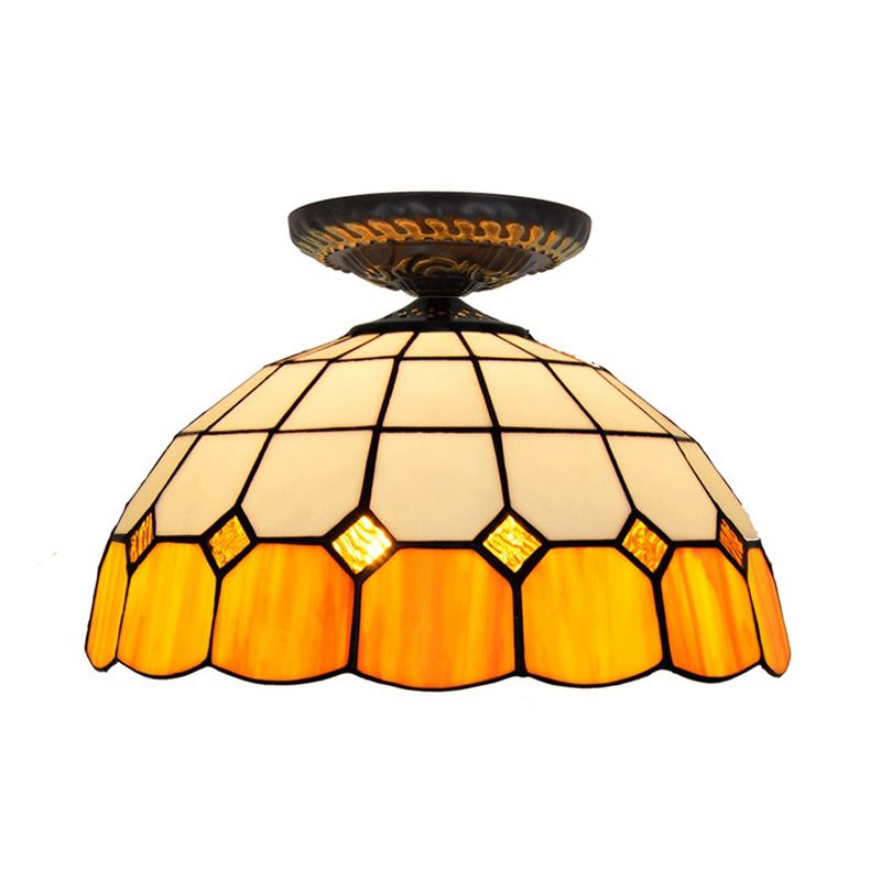 Tiffany Grid Patterned Flush Mount Light 1 Bulb Handcrafted Stained Glass LED Close to Ceiling Lamp in Blue/Orange/Green