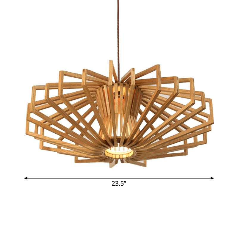 UFO Hollowed out Wood Ceiling Pendant Modern Single Beige Suspension Light for Bedroom