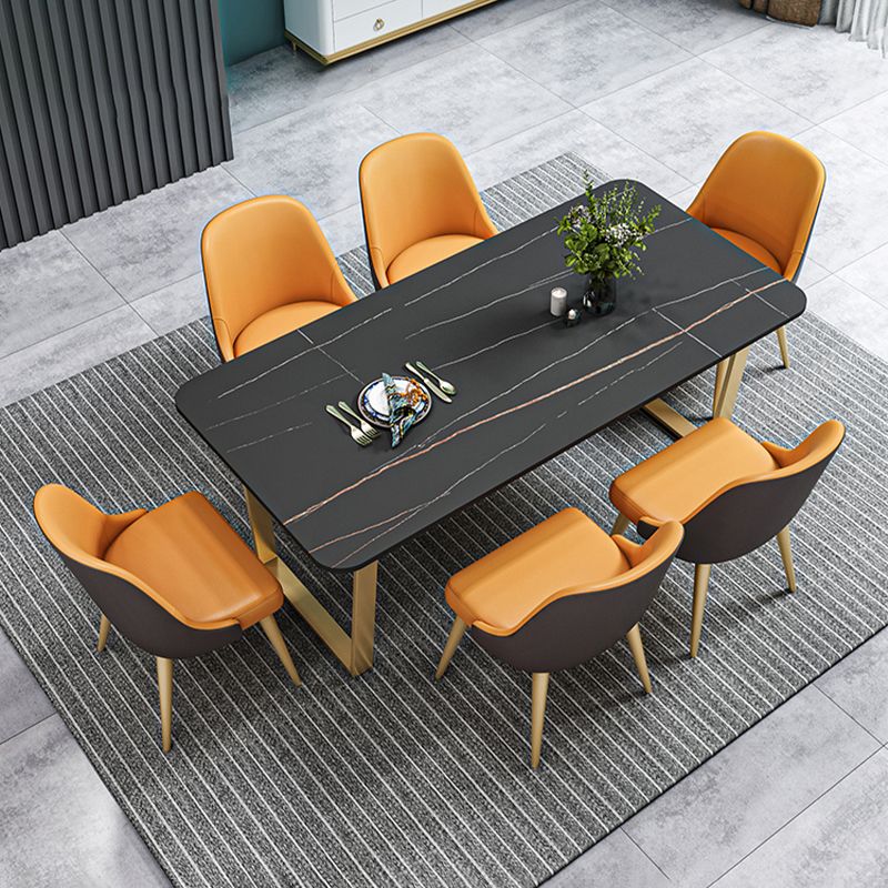 Glam Style Stone Top Table for Restaurant Rectangle Table with Gold Pedestal