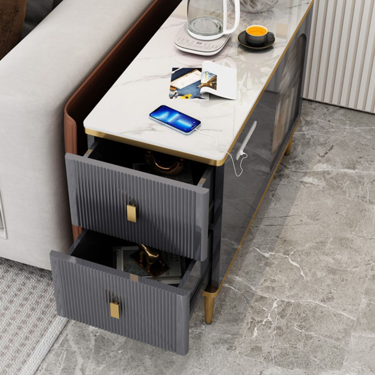 Rectangular Iron 4 Legs Side Table Two-Drawer End Table in Grey/Silver
