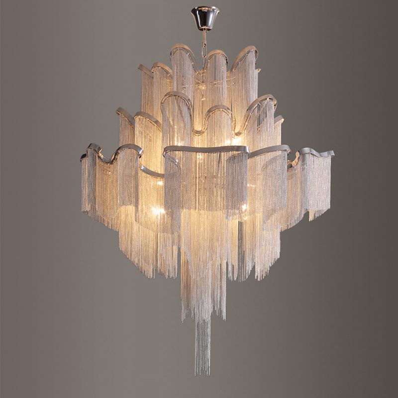 Silver Geometric LED Hanging Lamp Modern Style Tassel Indoor Ceiling Light with Aluminium Chain