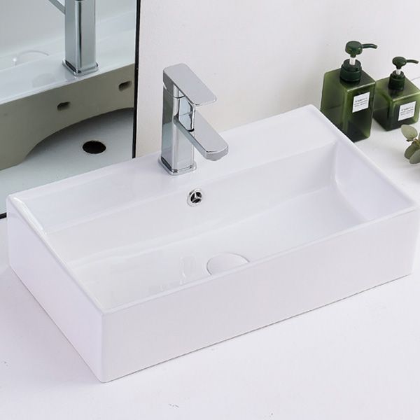 Contemporary Vessel Bathroom Sink Rectangular White Ceramic Overflow Drain Assembly Sink