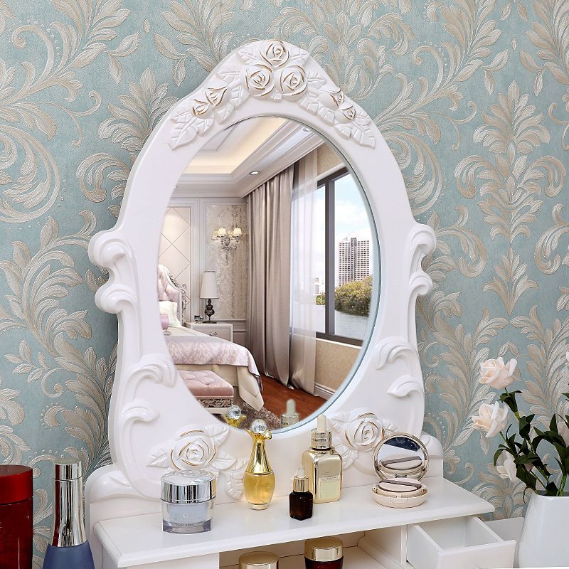 Victorian Mirrored Makeup Dressing Table Wood Stool Set in White