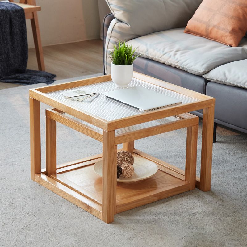 Modern Glass Top Coffee Table Square Natural Wood Cocktail Table
