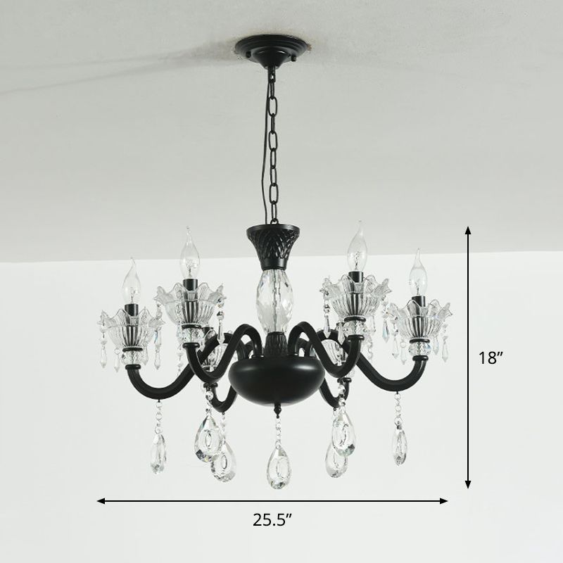 Modernism Curved Arm Suspension Light 6/8-Light Metal Pendant Chandelier in Black with Crystal Droplet