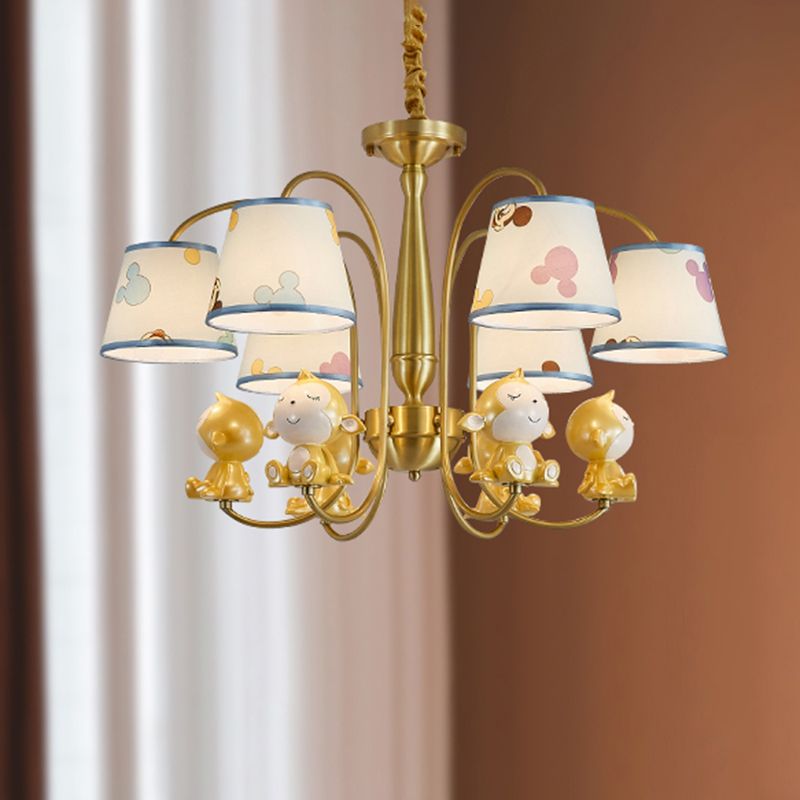 Animal Nursery Ceiling Lighting Resin Childrens Chandelier Light Fixture with Tapered Fabric Shade in Gold