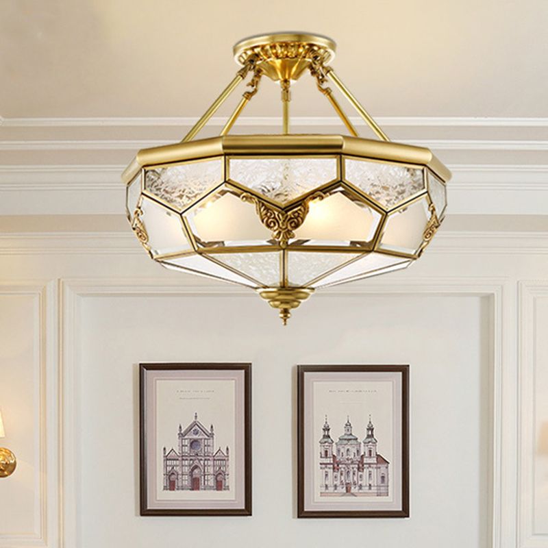 Opaline Glass Brass Semi Flush Mount Faceted Dome 3/4 Lights Country Printed Close to Ceiling Lamp, 14"/18" Width