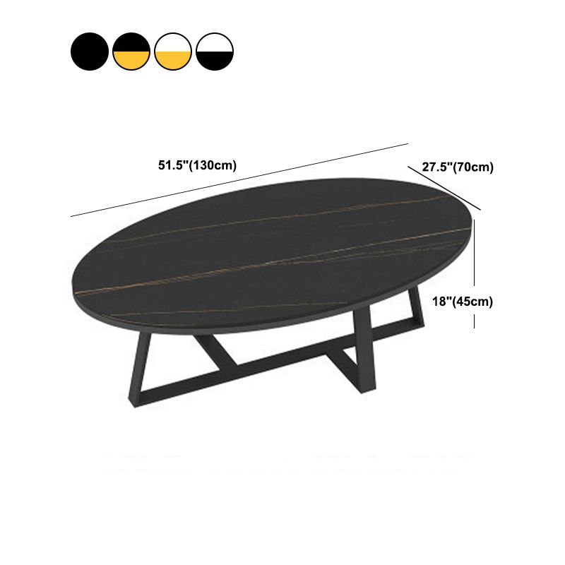 Glam Oval Stone Top Coffee Table with Iron Cross Base 17.71" High