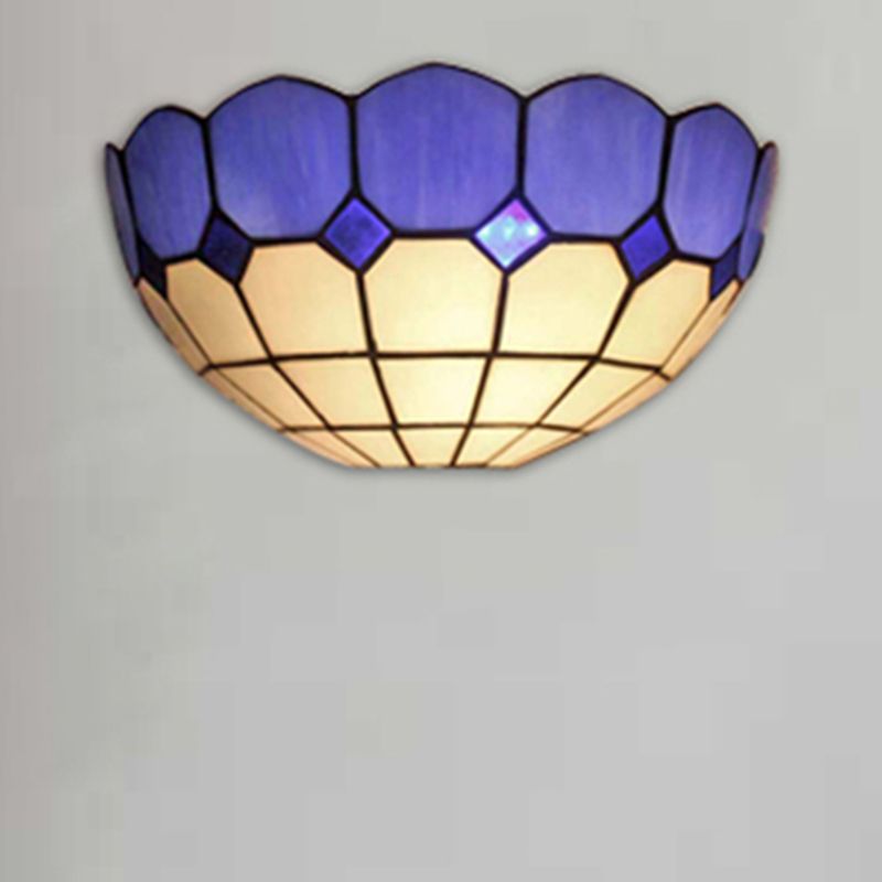 Tiffany Style Bowl Wall Sconce 2 Lights Art Glass Light Blue/Dark Blue Wall Light for Bedroom Lighting