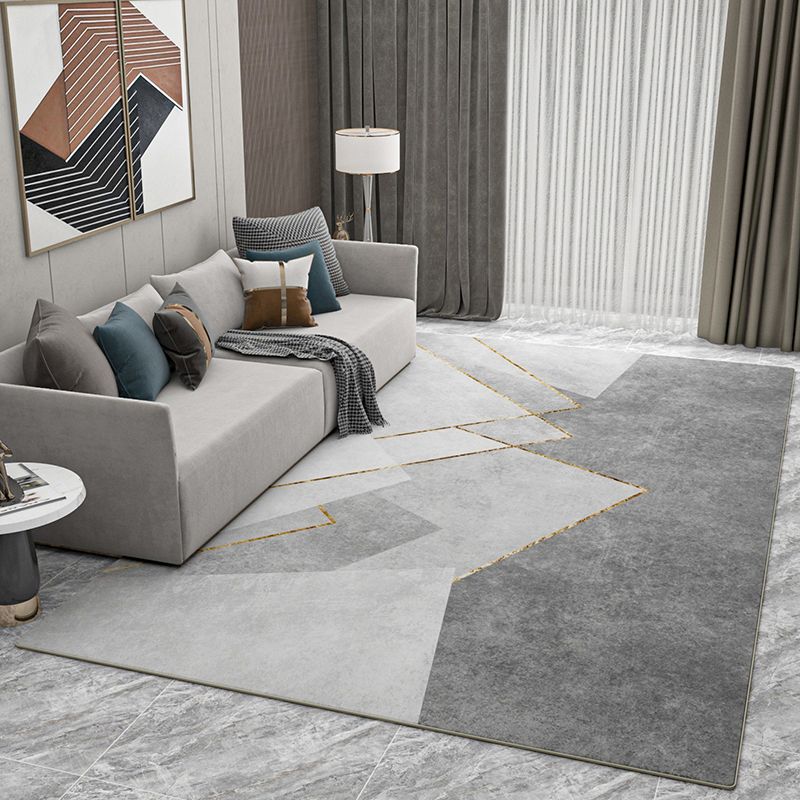 Grey Living Room Area Rug Geometric Print Polyester Area Carpet Non-Slip Backing Rug for Home Decor
