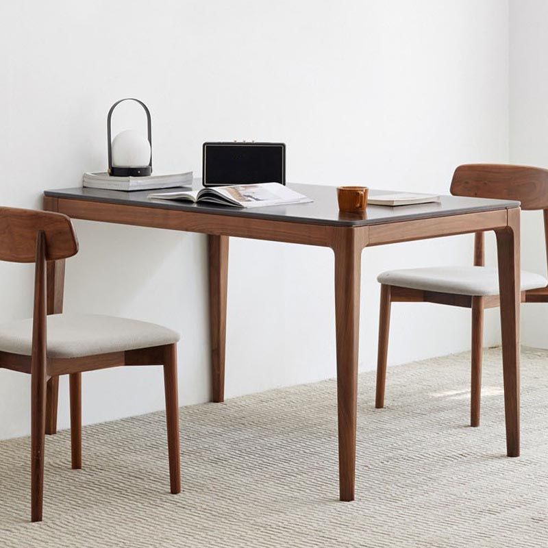 Stone Top Dining Table Traditional Luxury Rectangle Table with 4 Wood Legs