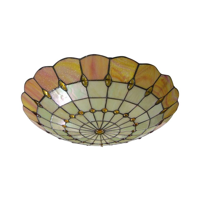 12"/16"/19.5" Wide Bedroom Ceiling Lights Tiffany Style  Green/Yellow Dome Shade Flush Mount Light with Jewel Decoration