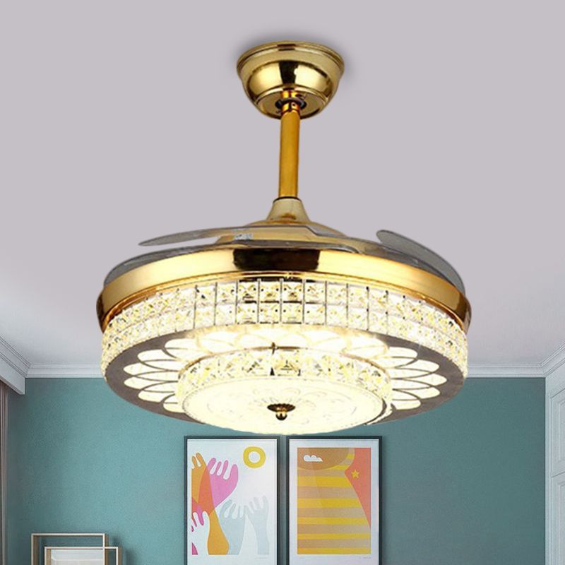 Finition or 42 "de large LED Semi Flush Contemporain Clear Crystal Blocks Drum Plafond Ventilateur de ventilateur avec 3 lames