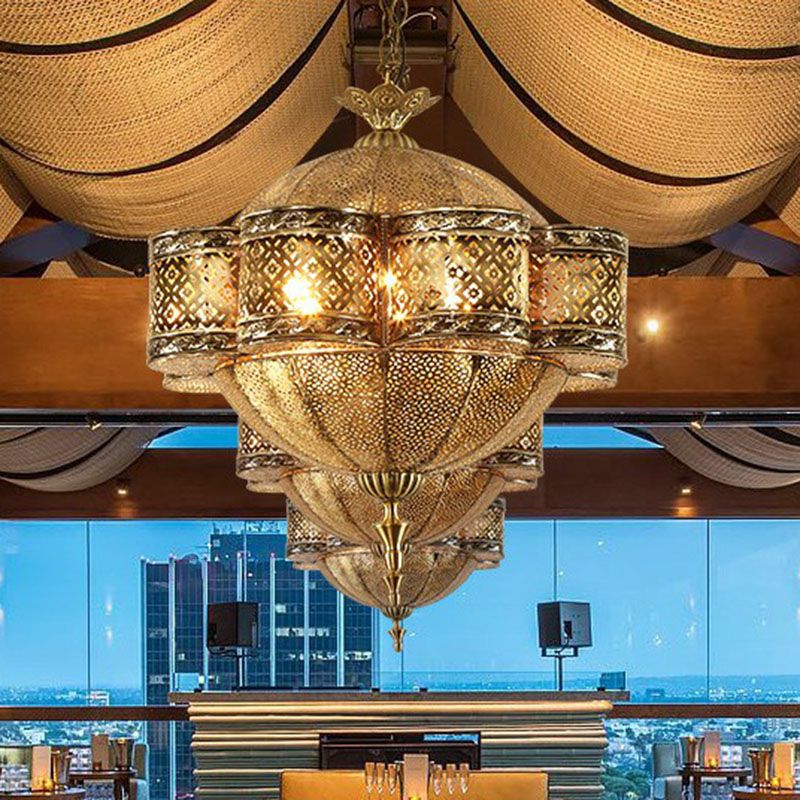 Cut-out Metallic Ceiling Light Southeast Asia 6 Bulbs Restaurant Hanging Pendant Light in Bronze