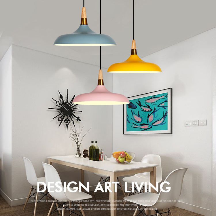 Macarons Industrial  Barn Shade Pendant Light Metal 1-Light Restaurant Pendant Lighting with Wooden Top