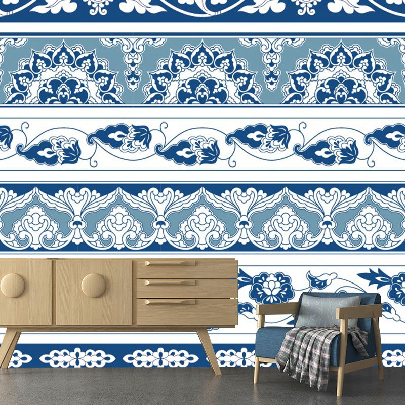 Blue Floral Pattern Wallpaper Mural Abstract Boho Stain Resistant Wall Covering for Home