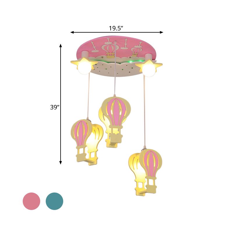 Heißluftballon Semi Flush Cartoon Holz 5 Lampen Rosa/Blau Decken Spülhalter für Kindergarten