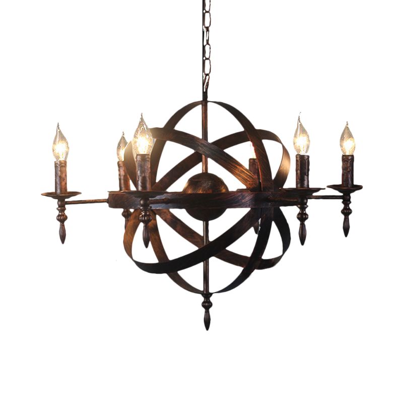 Candle Metallic Chandelier Light Fixture with Spherical Cage Shade Vintage 6/8 Heads Restaurant Ceiling Light in Black/Rust