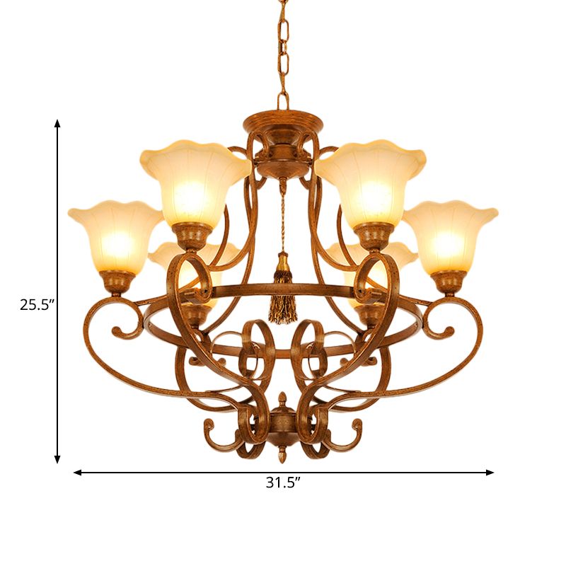 Brown 6 Lights Hanging Chandelier Traditional Frosted Glass Flared Pendant Lighting Fixture with Curvy Arm