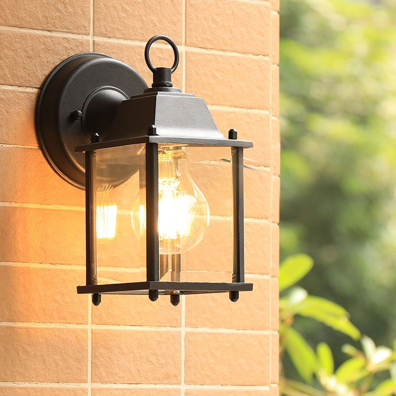 Glass Rectangle Shade Wall Sconce Rustic 1 Bulb Courtyard Wall Light Fixture in Black