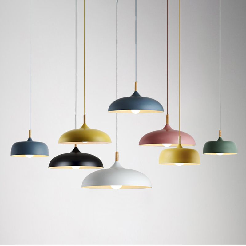 Wooden Macaron Pendant Light in Modern Creative Style Wrought Iron Dome Hanging Lamp for Dining Room