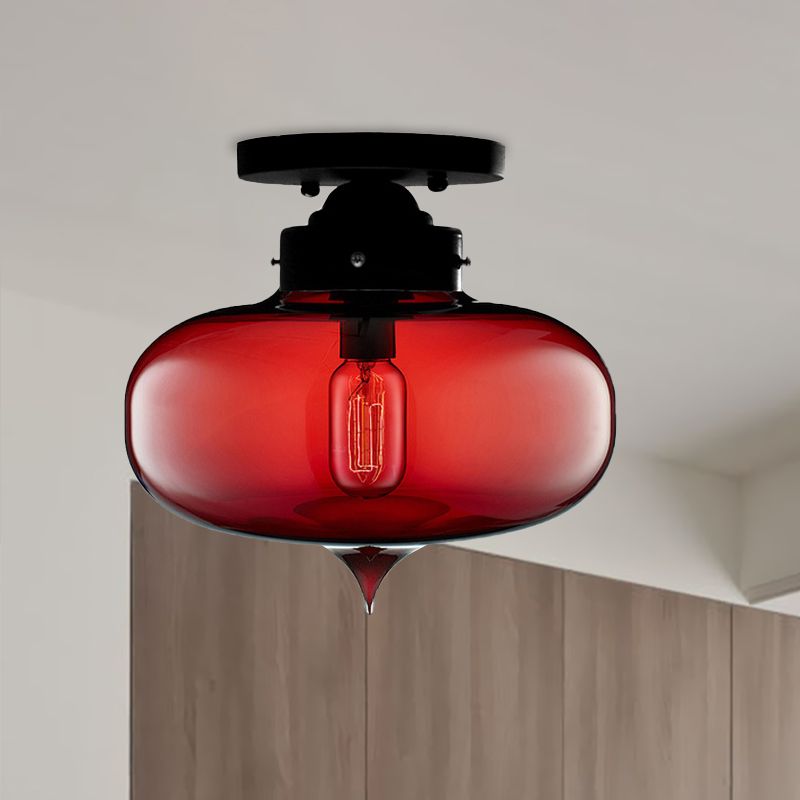 Black One Light Ceiling Mount Industrial Red / Brown / Amber Glass Oval Shade Semi Flush Light for Dining Room