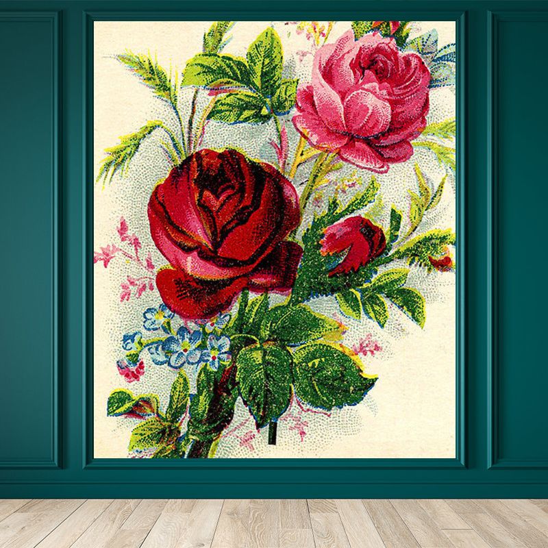Modern Rose Blossom Mural Decal Green Stain Resistant Wall Covering for Bathroom