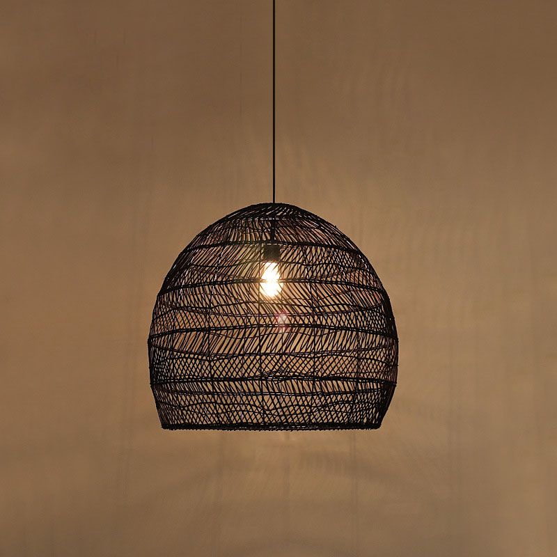 Rattan Cloche Pendant Ceiling Light Asian Single-Bulb Suspension Lighting over Dining Table