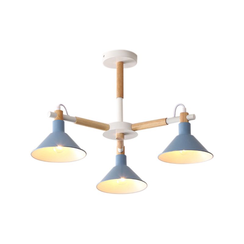 Macaroon Horn Shape Pendant Lights 3 Bulbs Metal and wooden Hanging Light Fixture for Dining Room Kid Bedroom