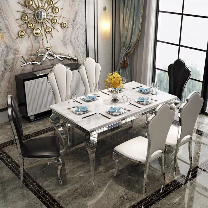 Marble Dining Table Luxury Style 4 Legs Metallic Base Rectangle Table for Home