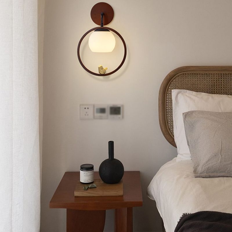 Round Shape Wood Vanity Sconce Light Modern Style 1-Light Vanity Mirror Lights